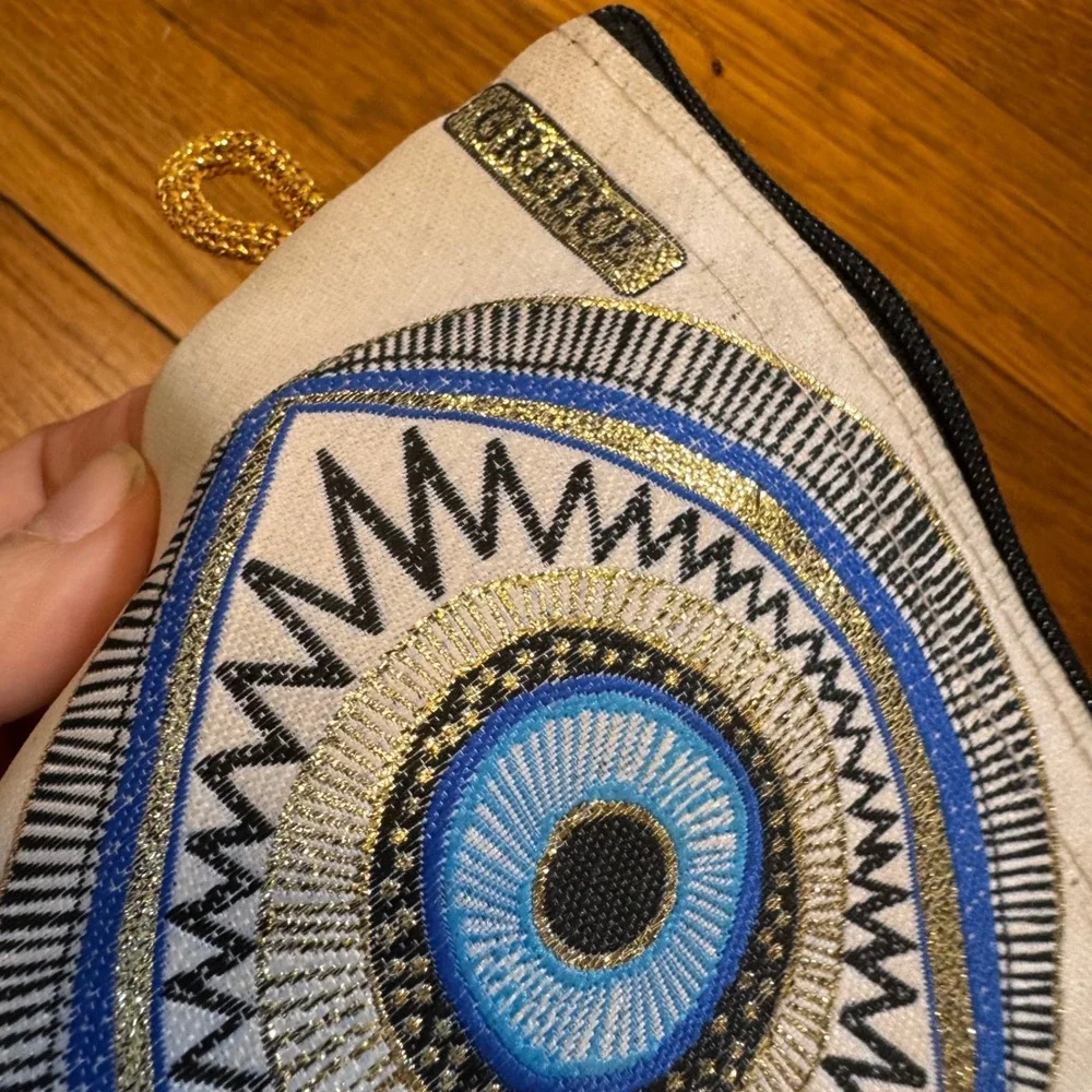 Greek Evil Eye Embroidered Canvas Pouch Zippered‎ Makeup Bag White Gold Blue